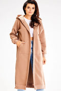 Manteau long ample pour femme en fibre synthétique style casual capuche poches beige camel
