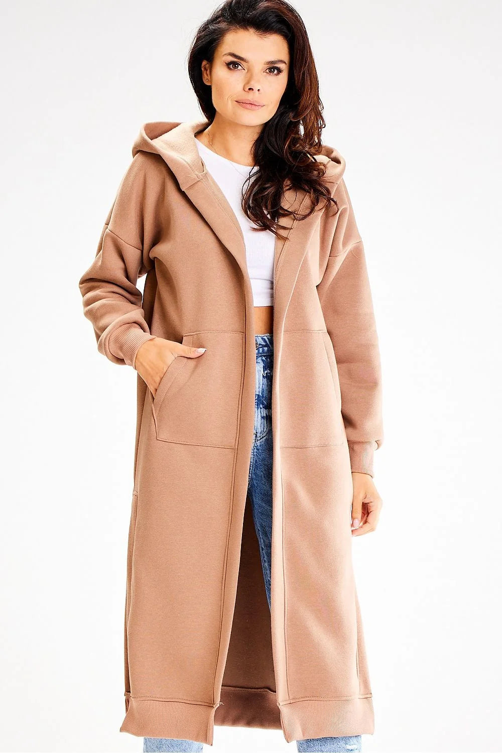 Manteau long ample pour femme en fibre synthétique style casual capuche poches beige camel
