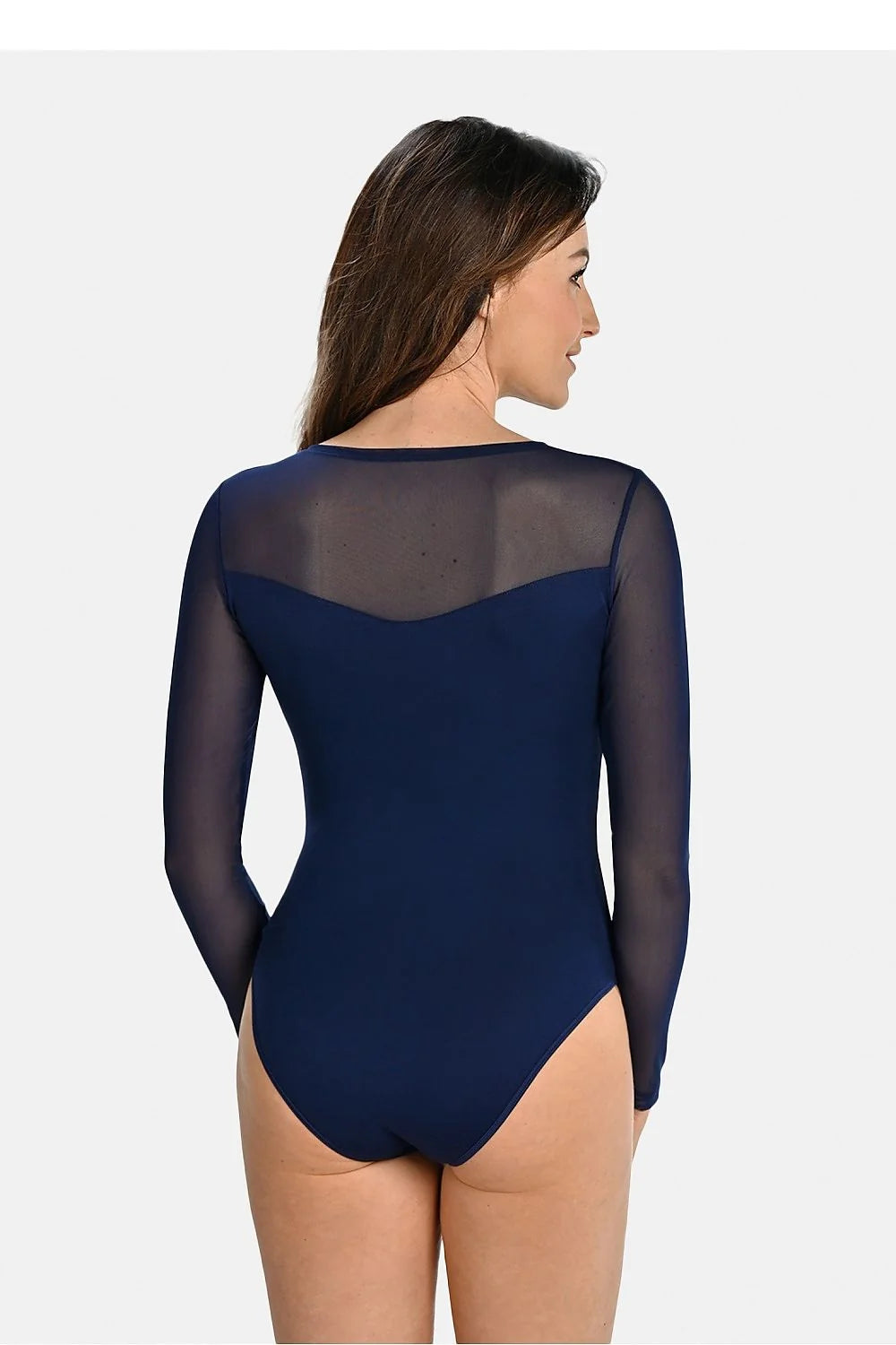 Body Teyli élégant pour femme en viscose élasthanne manches longues en mesh transparent buste en cœur ajusté couleur bleu marine moderne