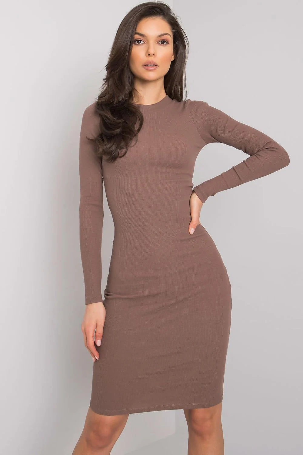 Robe de jour élégante en maille côtelée couleur grise claire manches longues coupe crayon ajustée femme taille unique