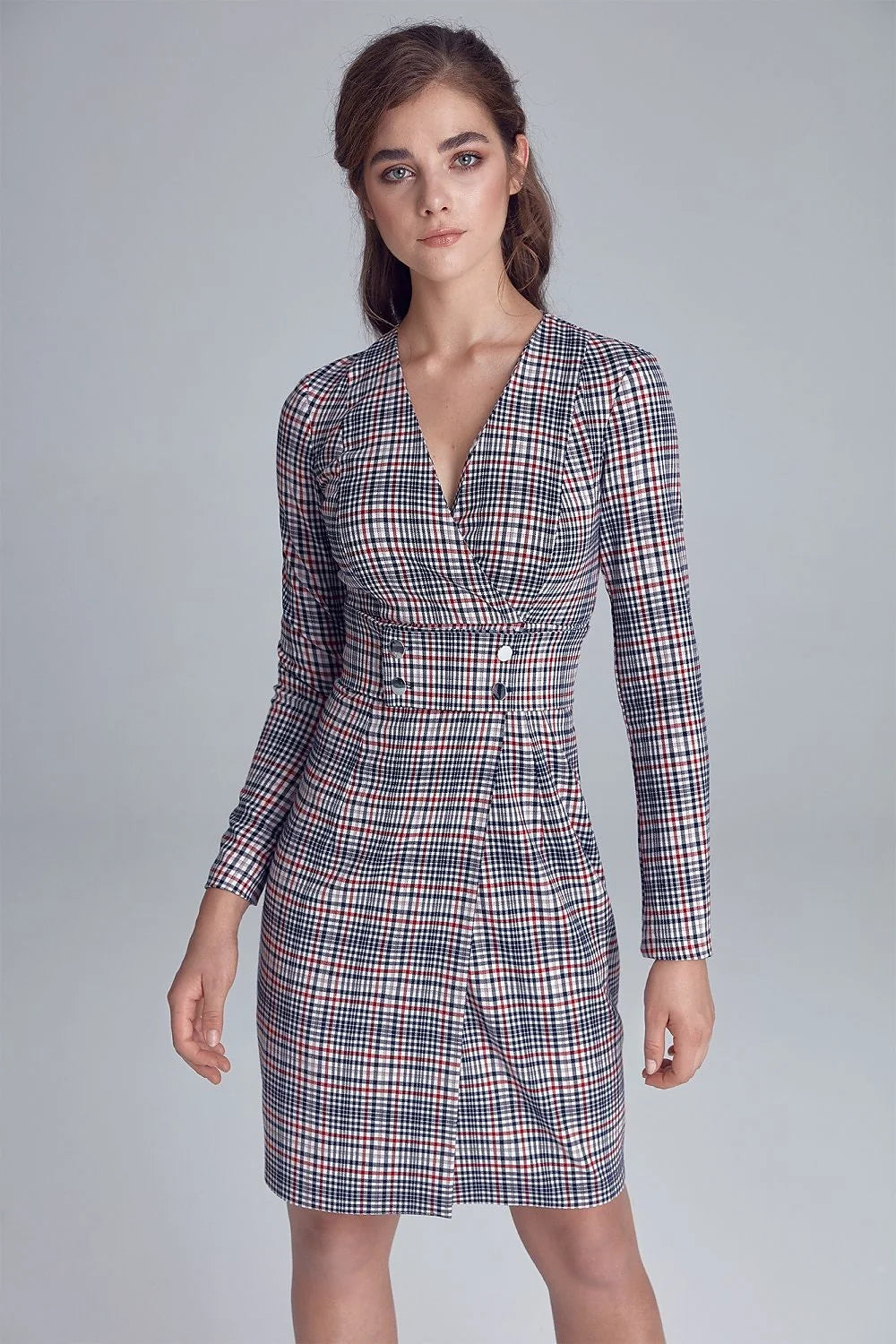 Robe chic polyester viscose carreaux multicolore manches longues élégante automne confort bureau femme mode