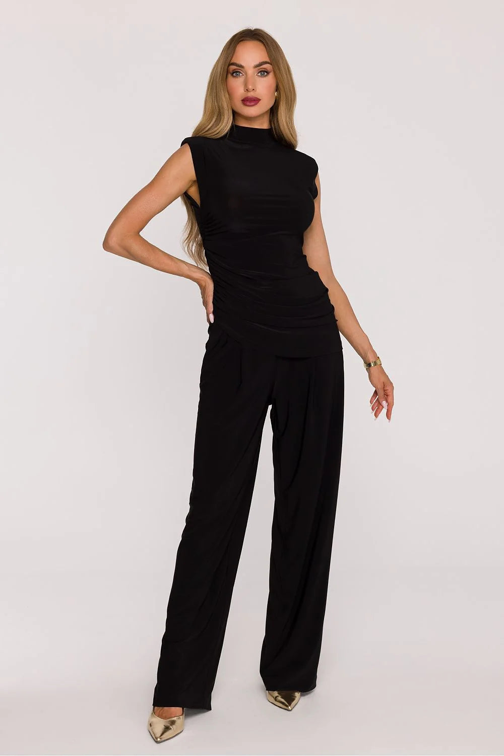 ensemble femme moderne élégant minimaliste noir jersey extensible doux drapé col montant sans manches pantalon palazzo taille haute