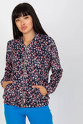 blouson floral femme zippé casual polyester bleu marine motifs floraux roses rouges blancs coupe droite hanches manches longues ajustées