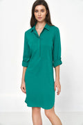 Robe de jour en viscose 100% style chemisier manches 3/4 silhouette épurée couleur vert émeraude pour femme occasion semi-formelle