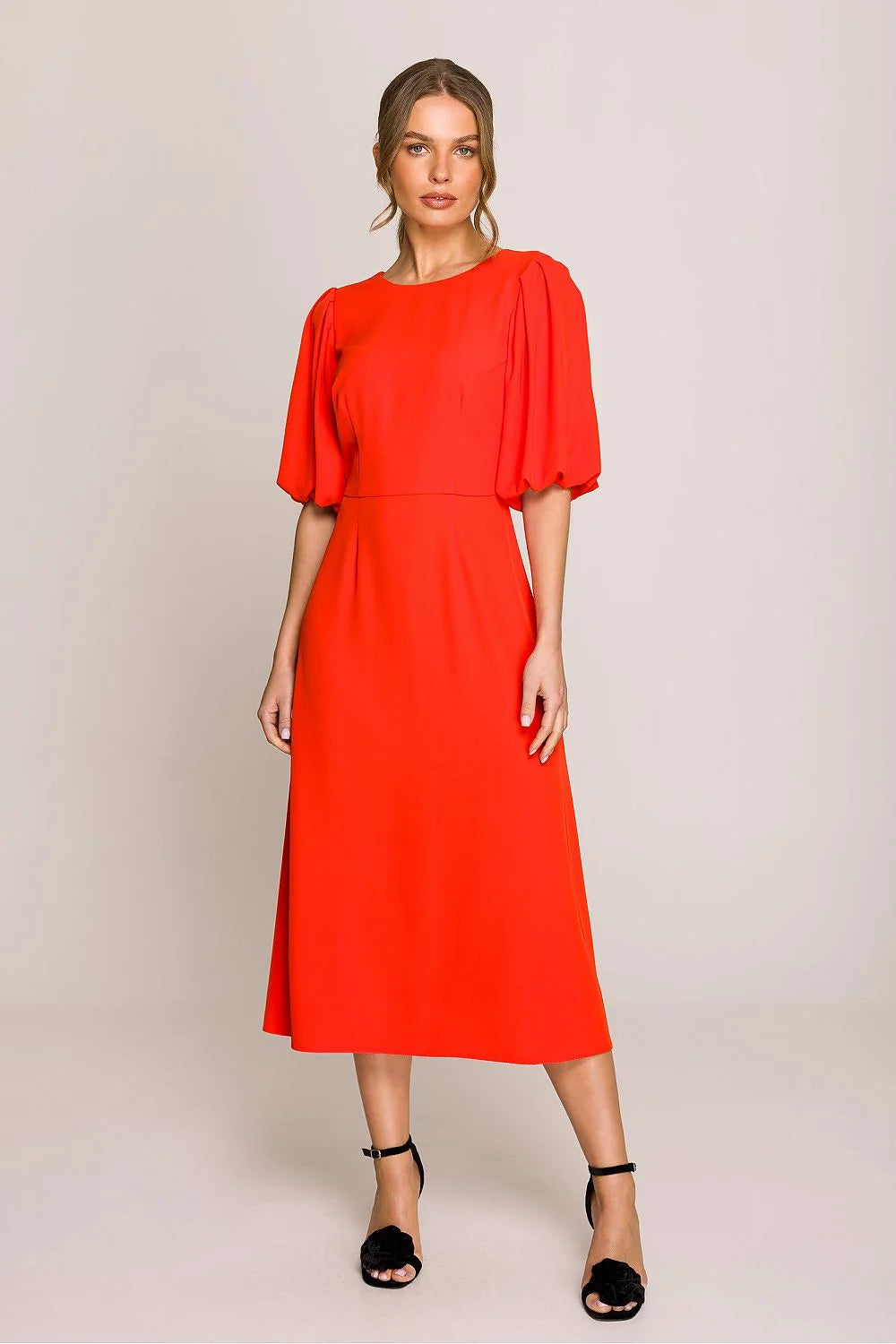 Robe de jour Stylove élégante féminine romantique coupe évasée encolure ronde manches courtes puffed dos V zippered