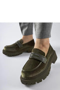 Mocassins femme modernes audacieux couleur vert foncé daim velours semelle épaisse crantée strass brillants