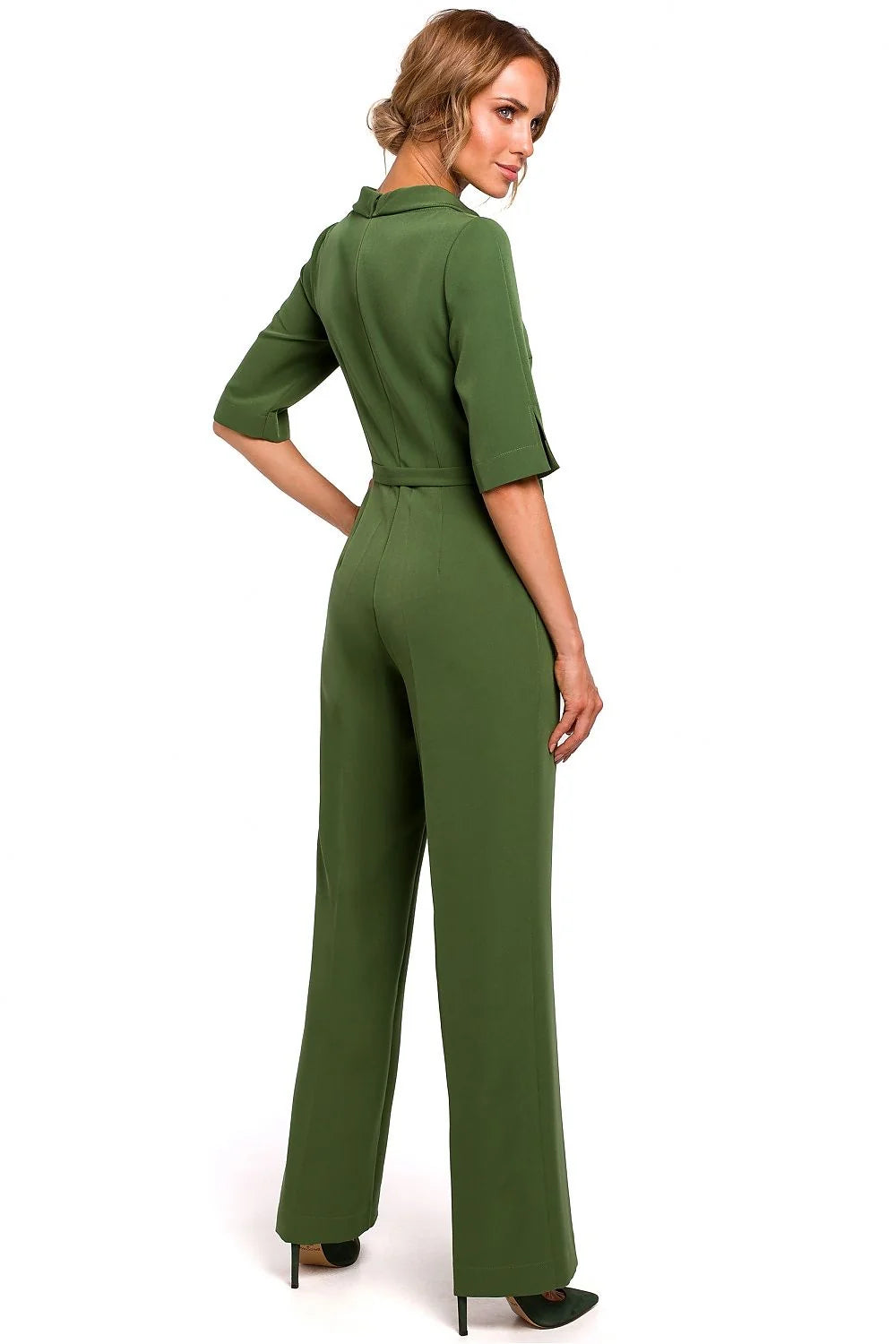 combinaison noire élégante moderne coupe droite jambes larges taille marquée ceinture manches trois quarts poches latérales polyester stretch