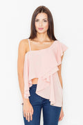 Top asymétrique en polyester rose pastel, style moderne et décontracté, parfait pour femmes élégantes
