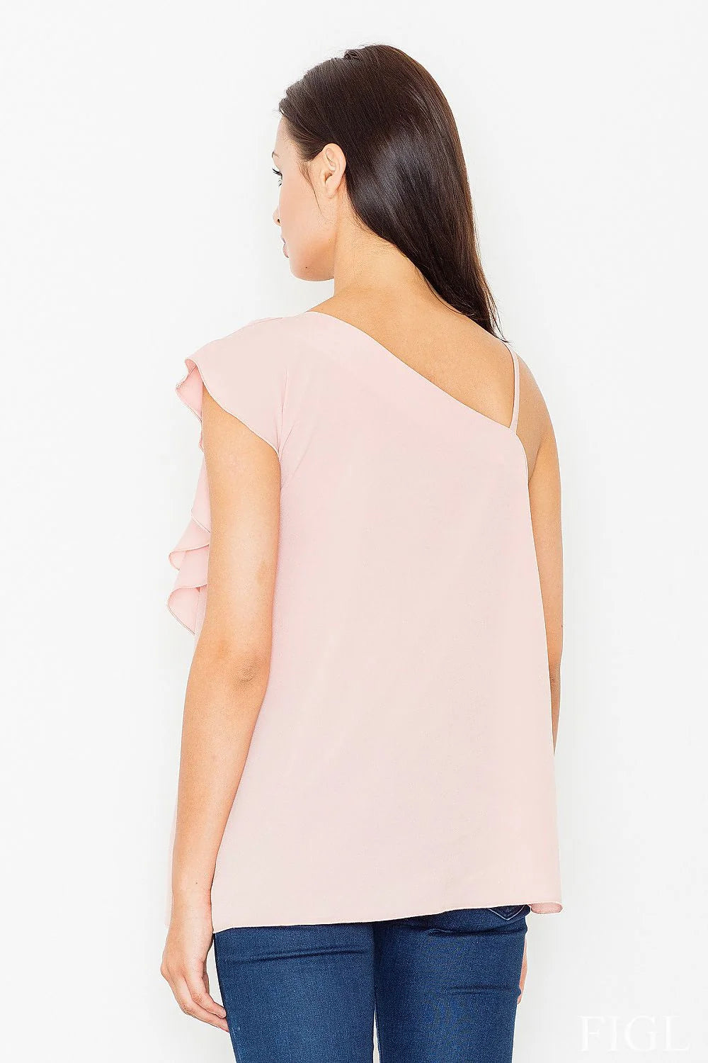 Top asymétrique en polyester rose pastel, style moderne et décontracté, parfait pour femmes élégantes