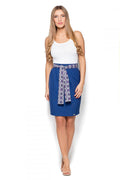 Top Blanc Coton Décontracté Élégant Jupe Bleue Ceinture Motifs Tenue Féminine Mode Confortable Casual