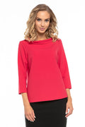 Top chic polyester rouge élégant col drapé manches trois-quarts pour un look moderne féminin