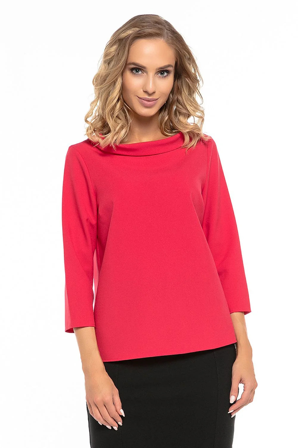 Top chic polyester rouge élégant col drapé manches trois-quarts pour un look moderne féminin