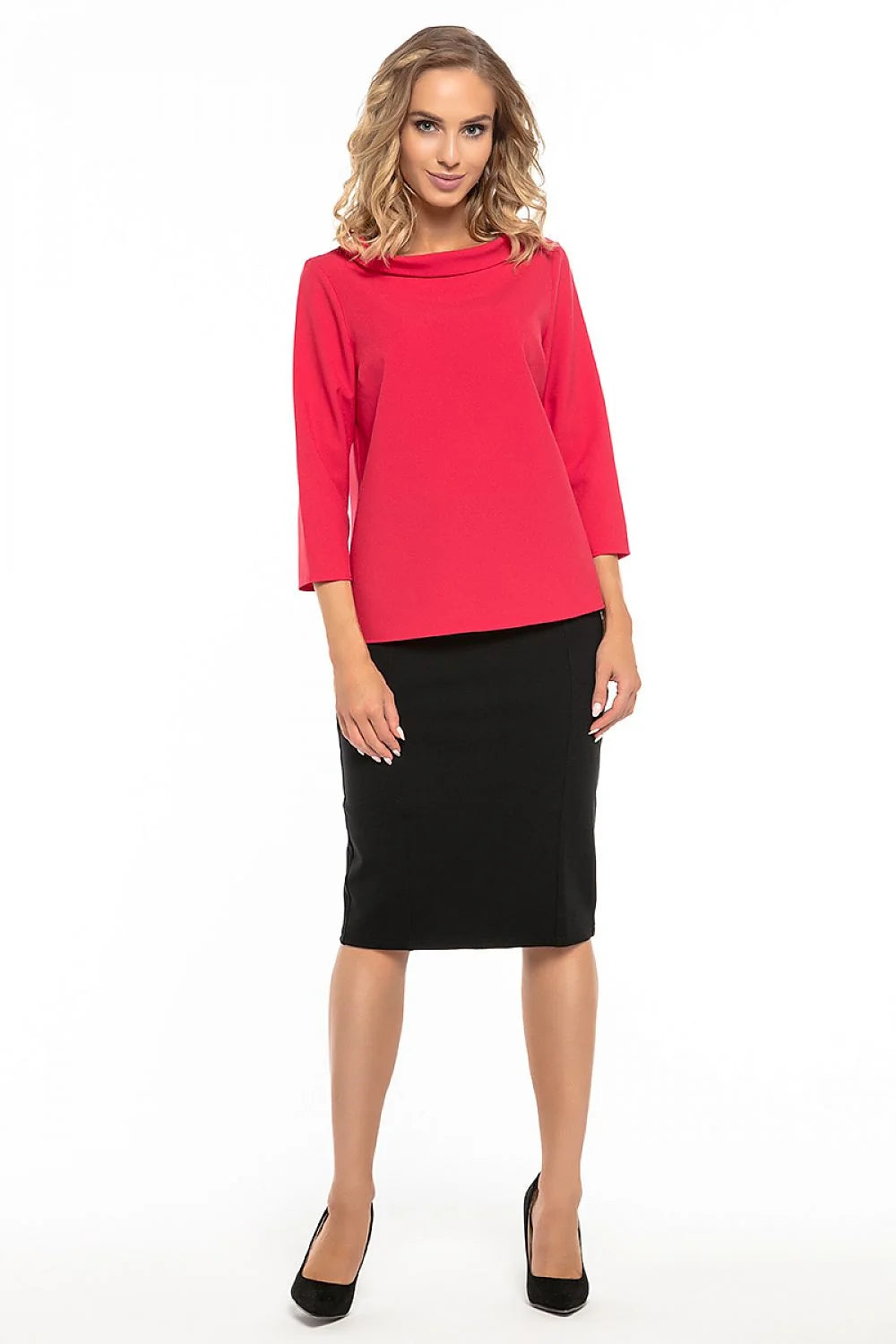 Top chic polyester rouge élégant col drapé manches trois-quarts pour un look moderne féminin