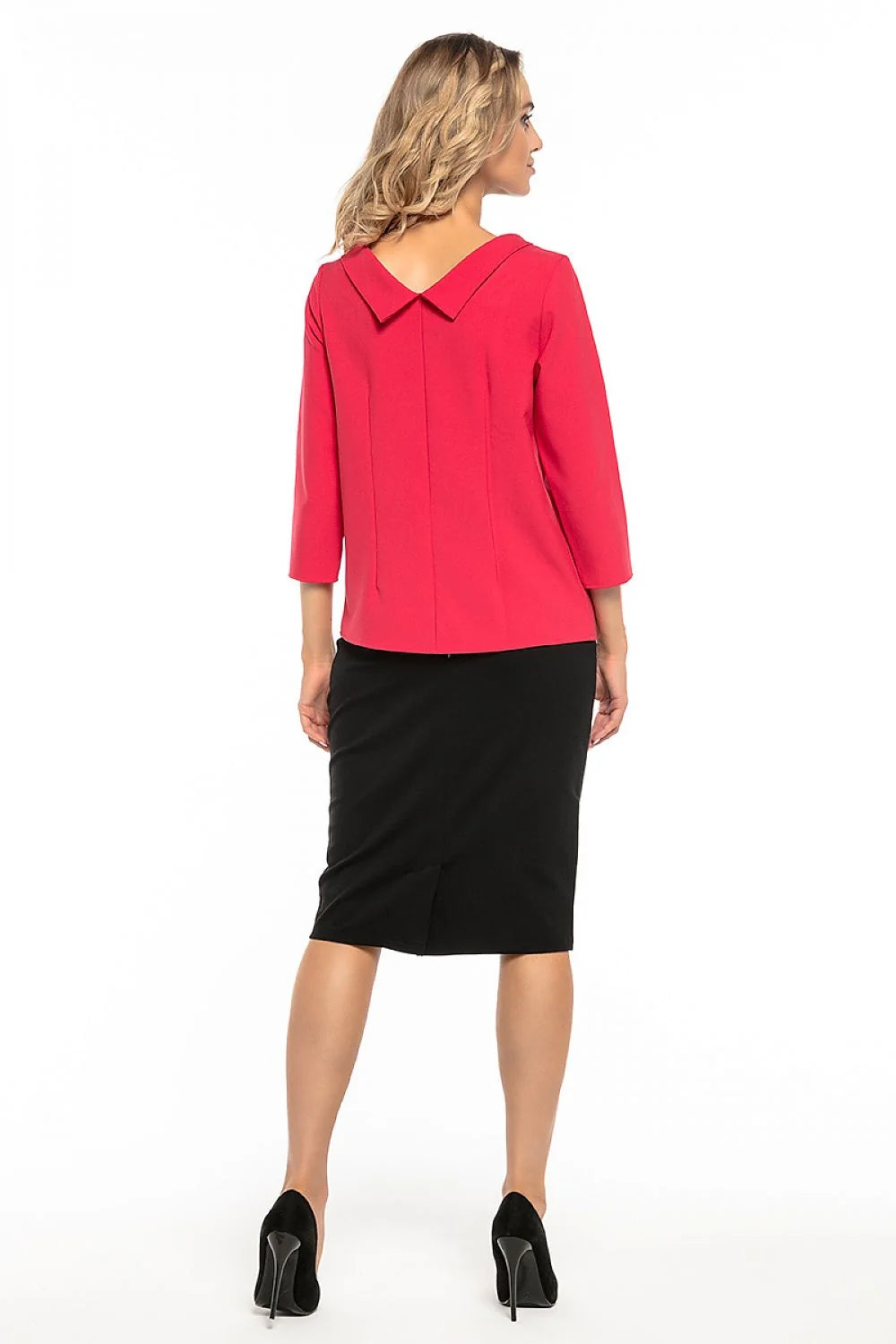Top chic polyester rouge élégant col drapé manches trois-quarts pour un look moderne féminin