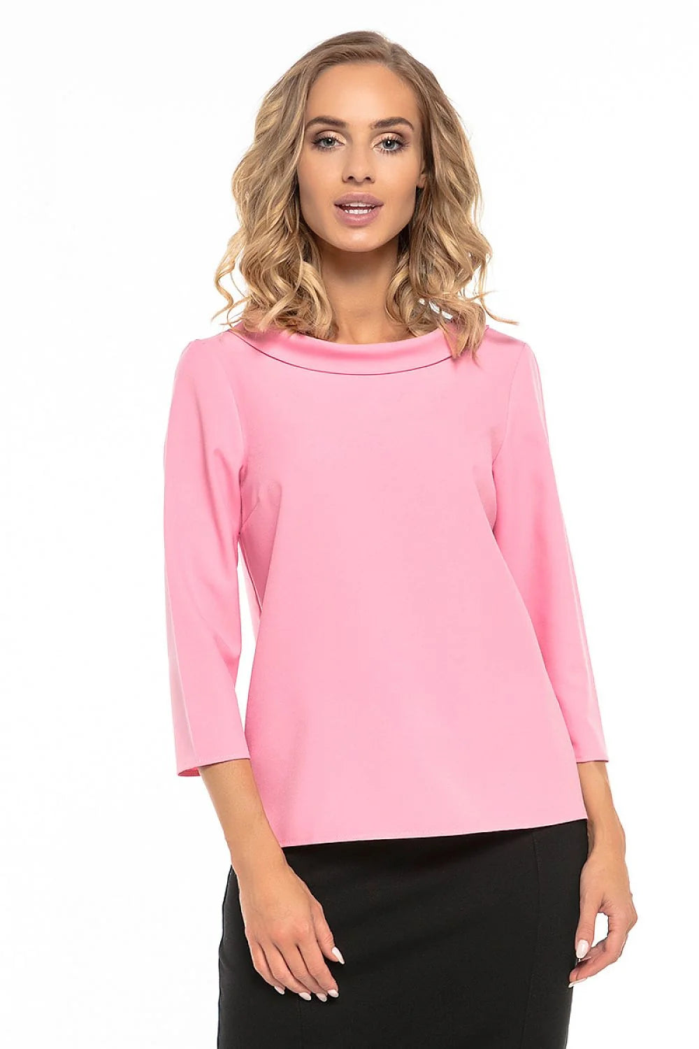 Top chic polyester rouge élégant col drapé manches trois-quarts pour un look moderne féminin