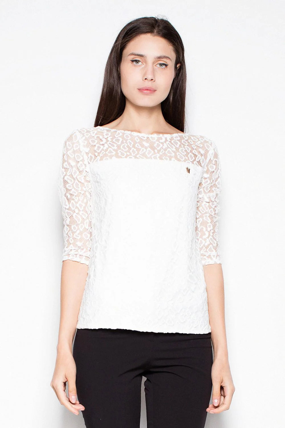 Top femme dentelle blanc chic manches trois-quarts élégance silhouette soirée habillée mode féminine