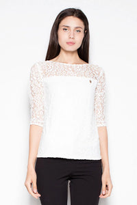 top femme dentelle blanc chic manches trois quarts ajustée silhouette élégante soirée transparence épaules motifs floraux doublé confort