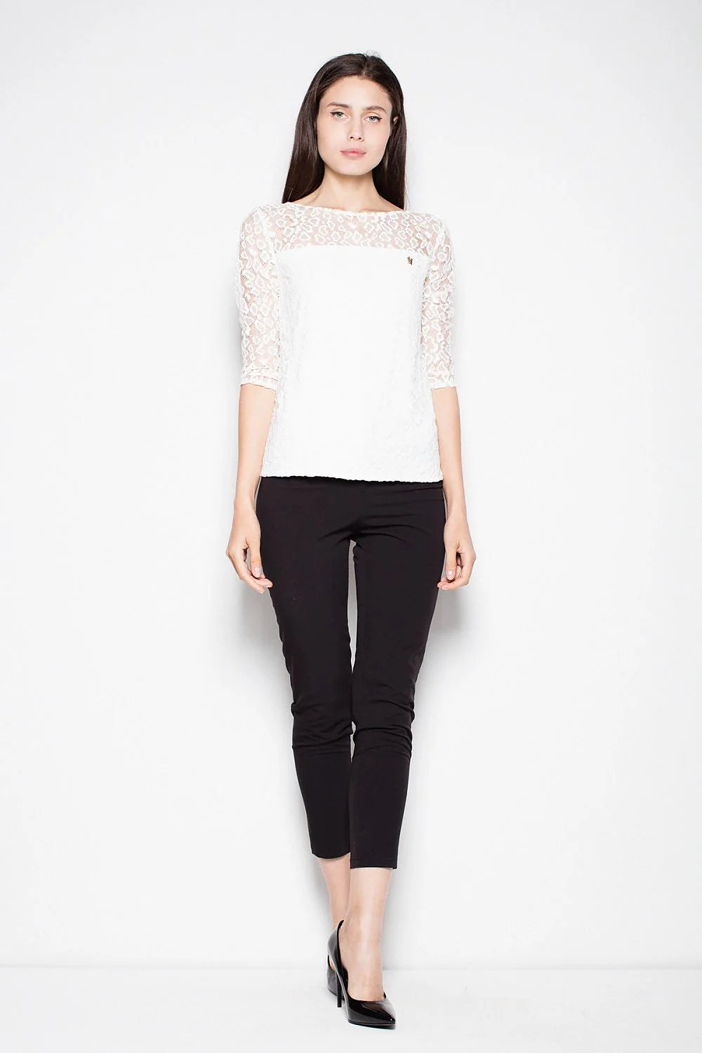 Top femme dentelle blanc chic manches trois-quarts élégance silhouette soirée habillée mode féminine