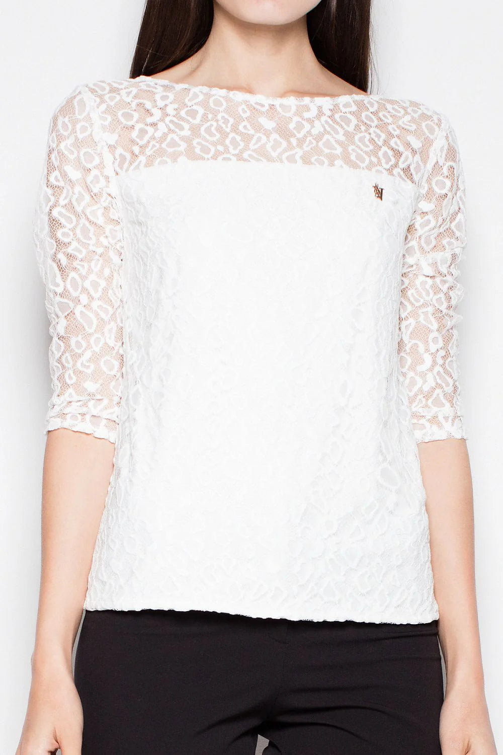 Top femme dentelle blanc chic manches trois-quarts élégance silhouette soirée habillée mode féminine