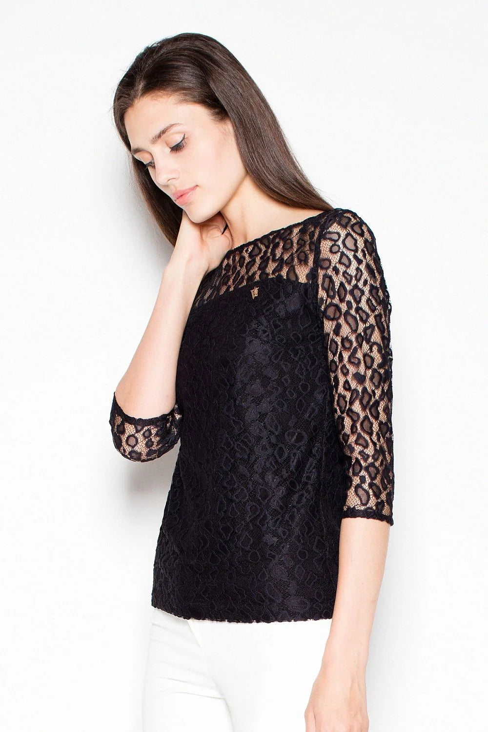 Top femme dentelle blanc chic manches trois-quarts élégance silhouette soirée habillée mode féminine