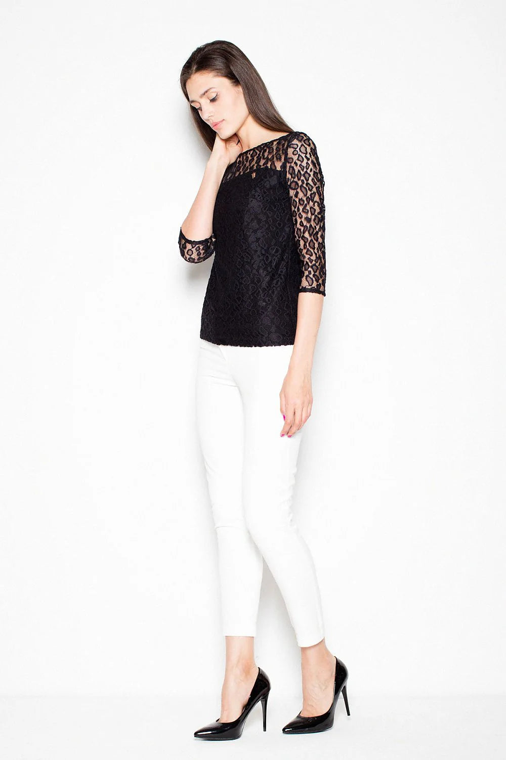 Top femme dentelle blanc chic manches trois-quarts élégance silhouette soirée habillée mode féminine