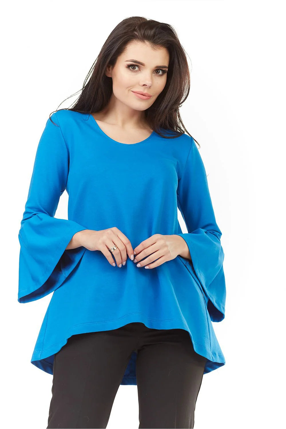 Tunique en coton bleu décontractée élégante manches évasées col rond style confort pour femmes