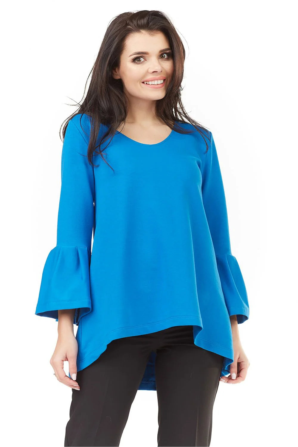 Tunique en coton bleu décontractée élégante manches évasées col rond style confort pour femmes