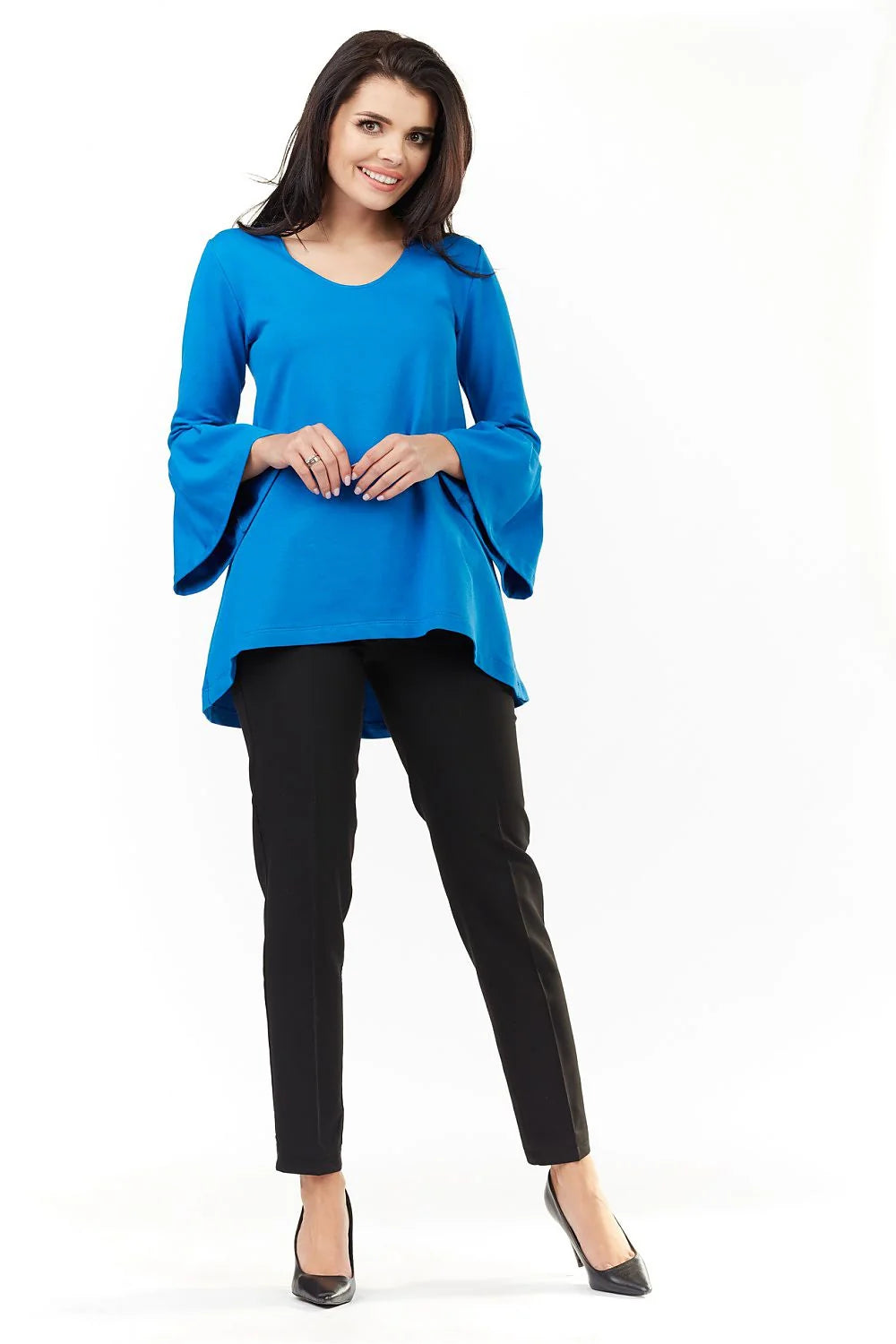 Tunique en coton bleu décontractée élégante manches évasées col rond style confort pour femmes