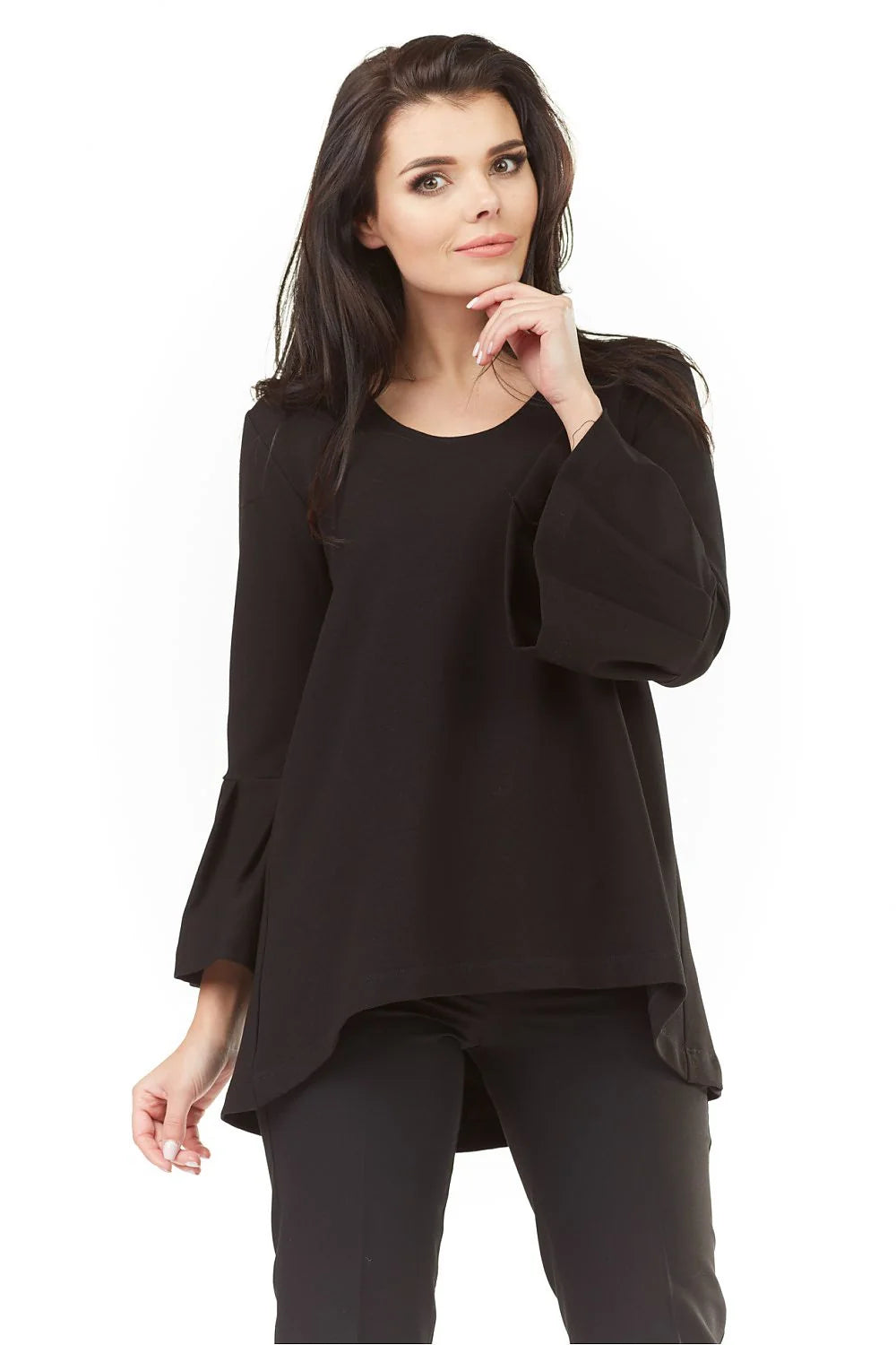 Tunique en coton bleu décontractée élégante manches évasées col rond style confort pour femmes