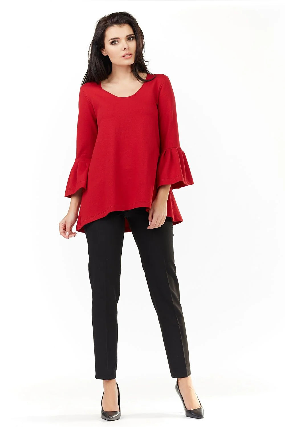 Tunique en coton bleu décontractée élégante manches évasées col rond style confort pour femmes