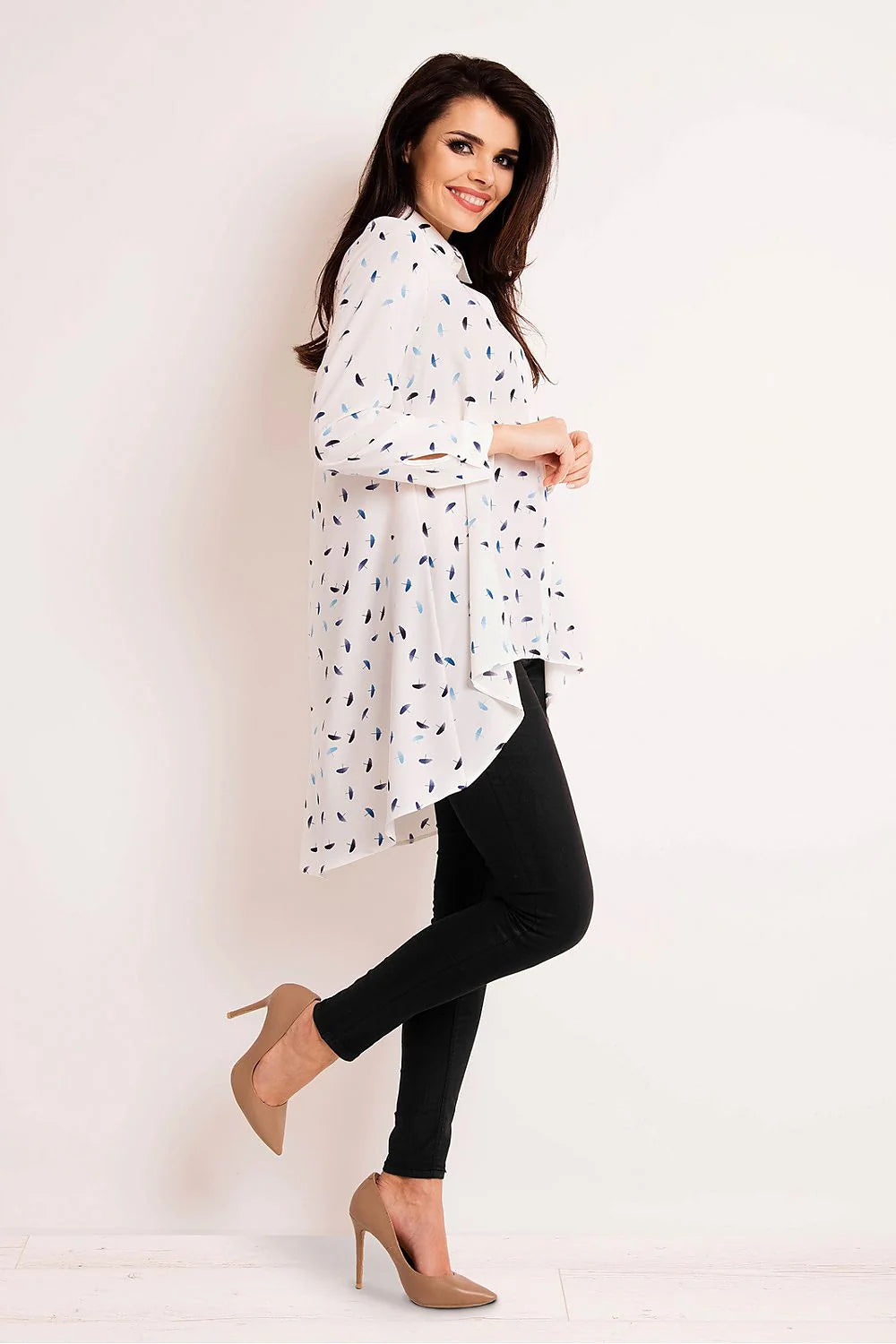 Tunique en polyester chic et décontractée à motifs plumes bleues pour femmes élégantes et modernes