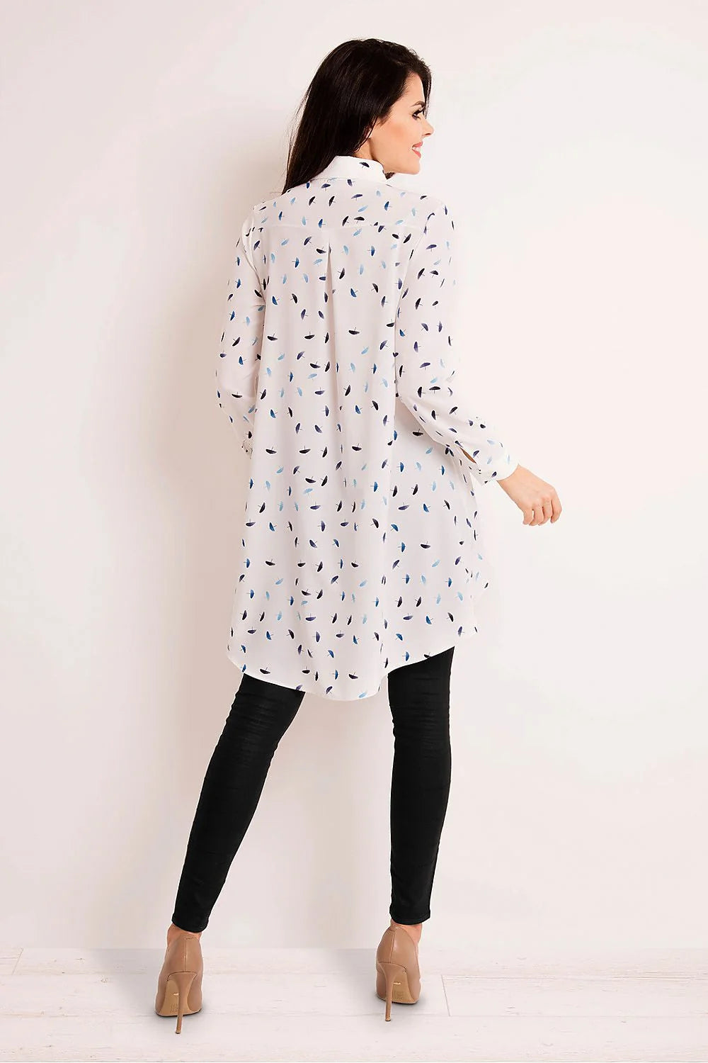 Tunique en polyester chic et décontractée à motifs plumes bleues pour femmes élégantes et modernes