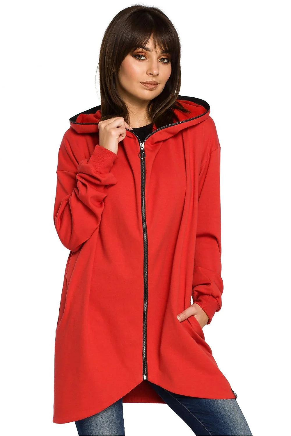 Veste à capuche coton rouge décontractée, confortable, ample, mode féminine, casual, pour sorties décontractées