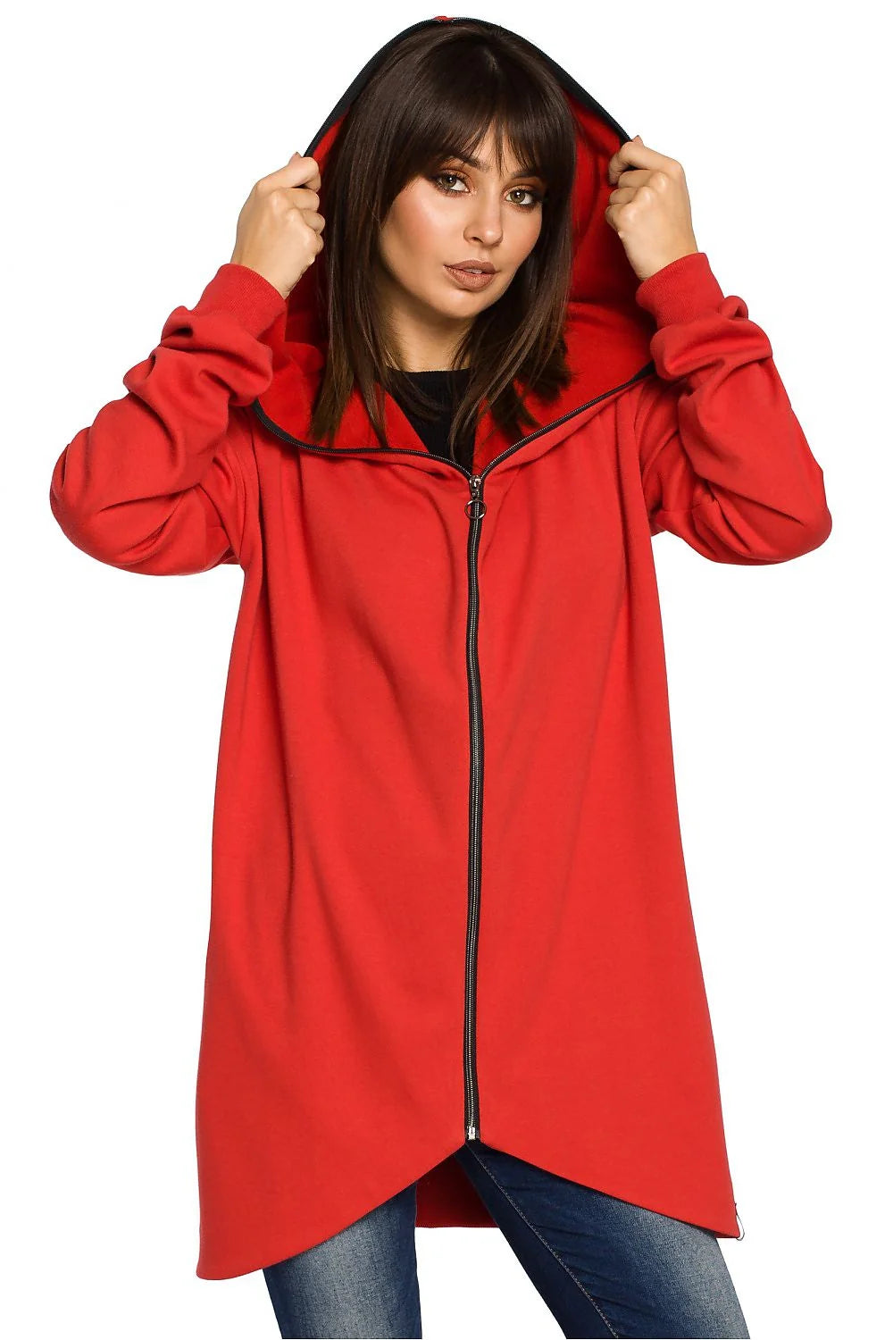 Veste à capuche coton rouge décontractée, confortable, ample, mode féminine, casual, pour sorties décontractées