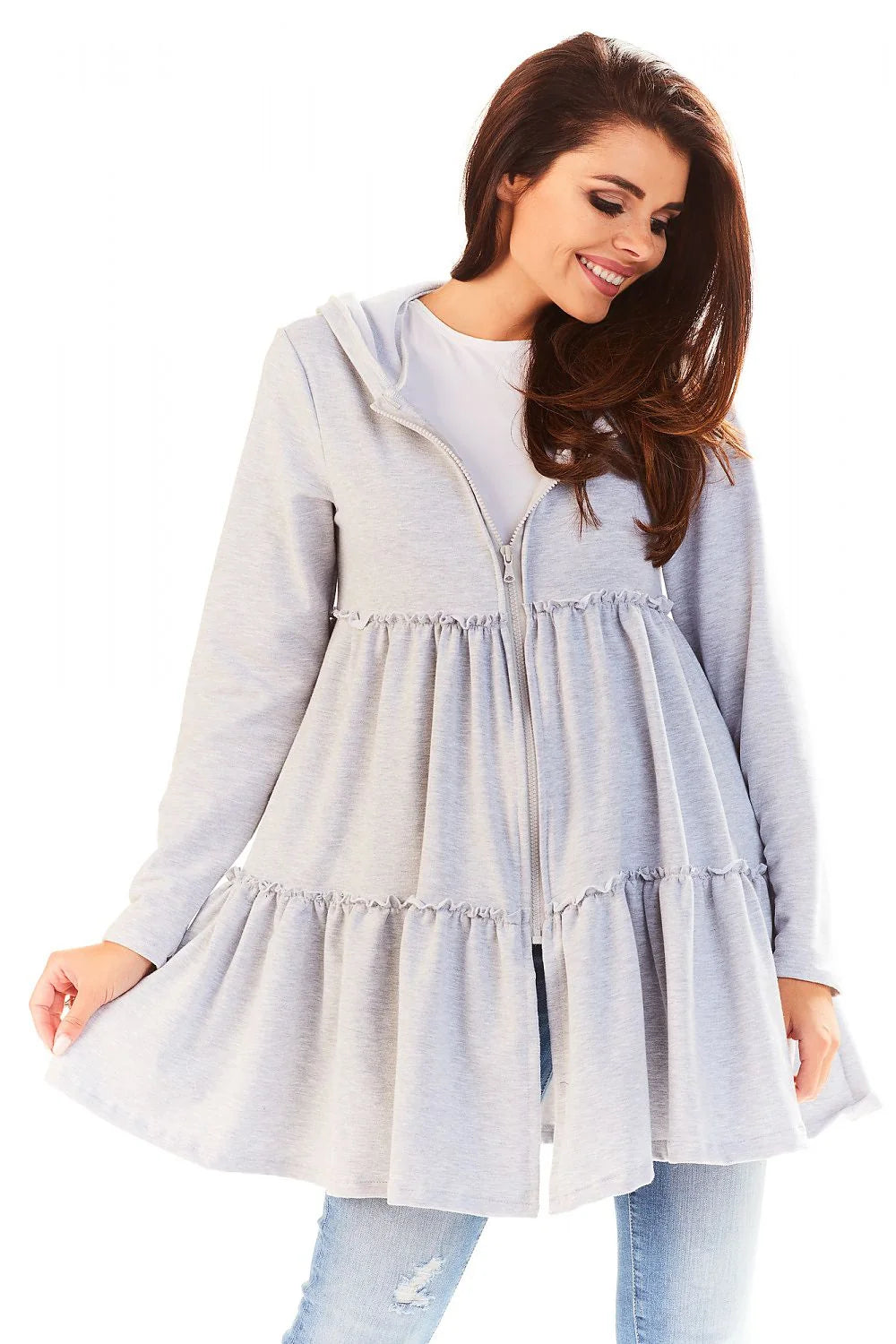 Veste Coton Ample Style Décontracté Confortable Capuche Fermeture Éclair Gris Clair Pour Femme Moderne