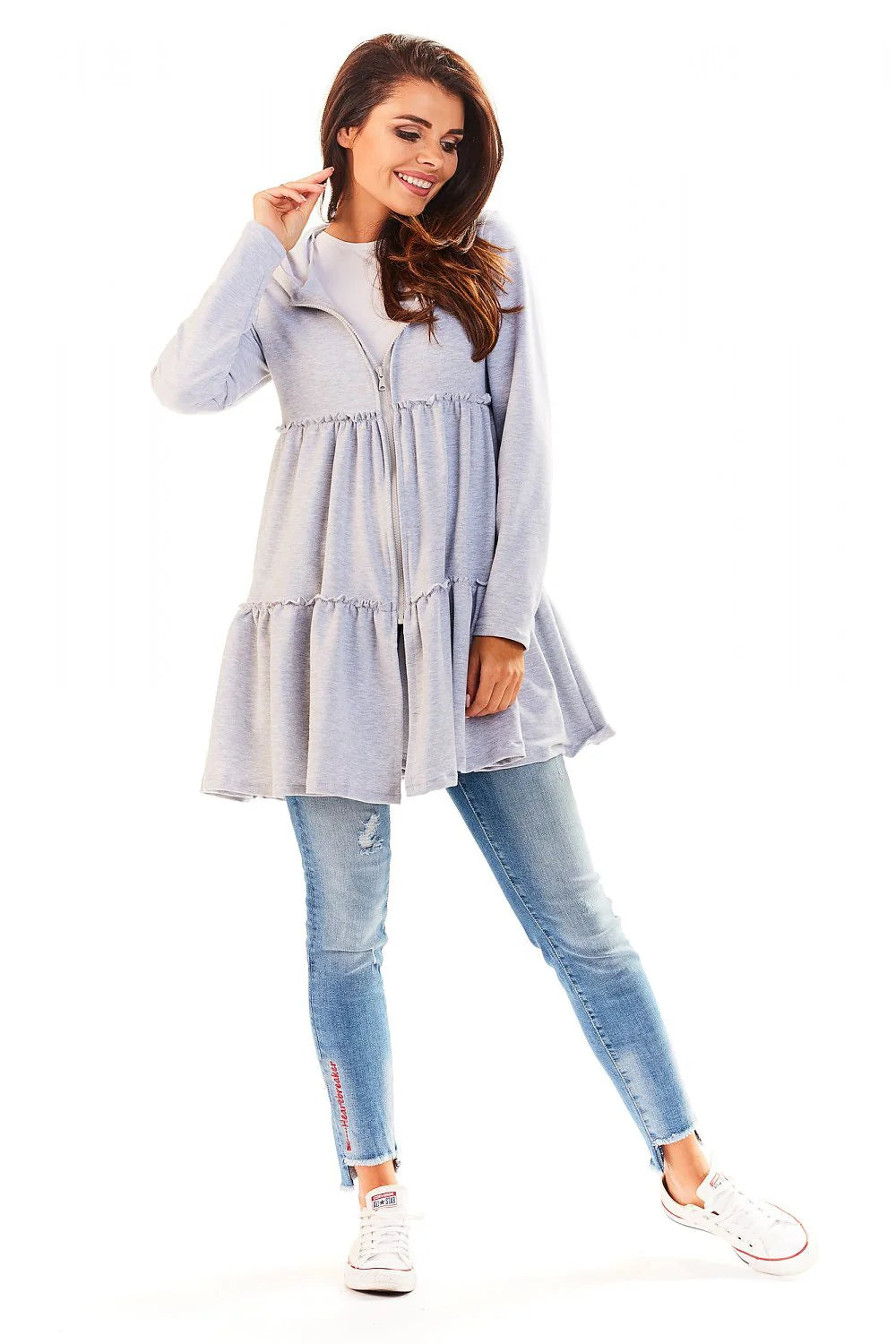 Veste Coton Ample Style Décontracté Confortable Capuche Fermeture Éclair Gris Clair Pour Femme Moderne