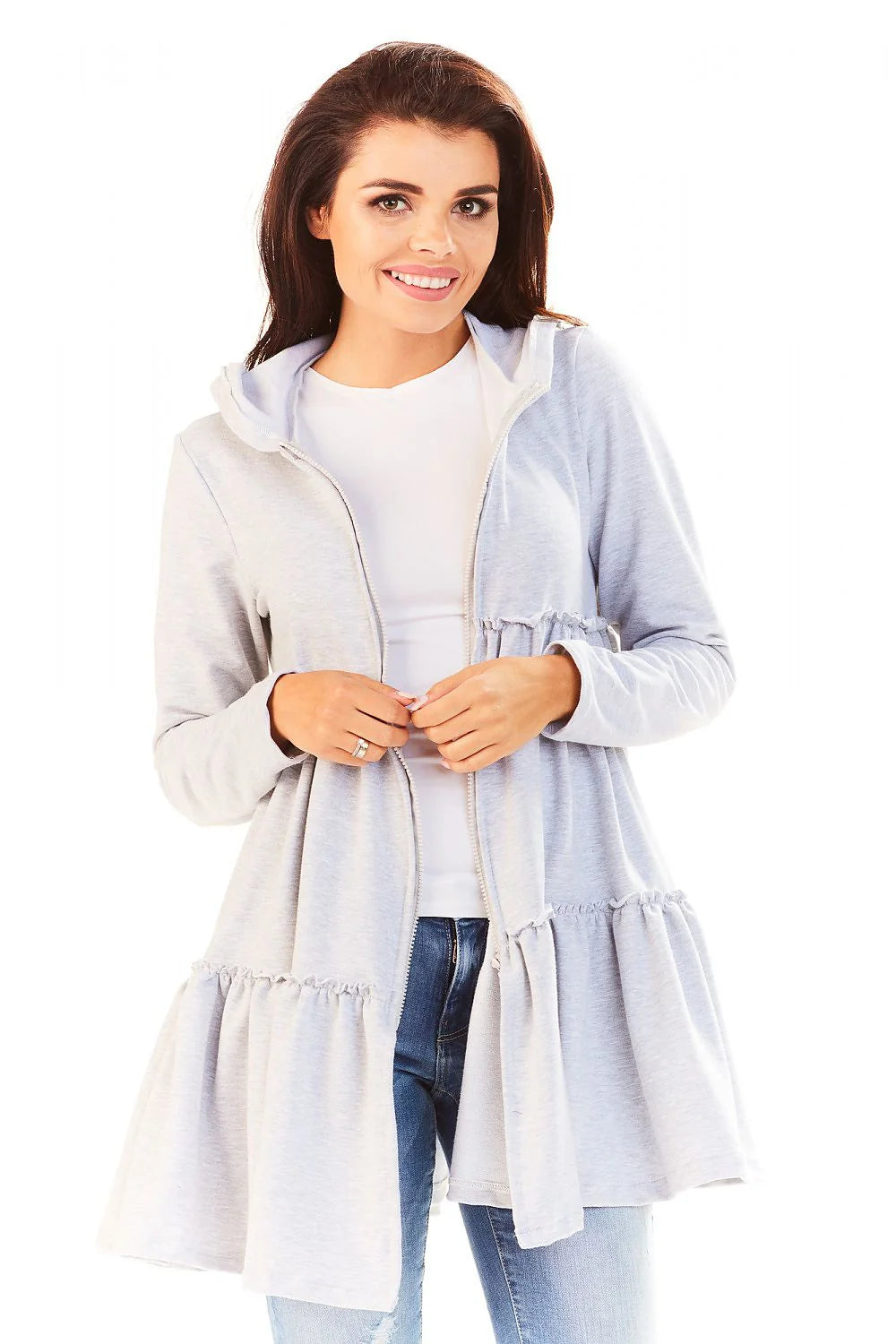 Veste Coton Ample Style Décontracté Confortable Capuche Fermeture Éclair Gris Clair Pour Femme Moderne