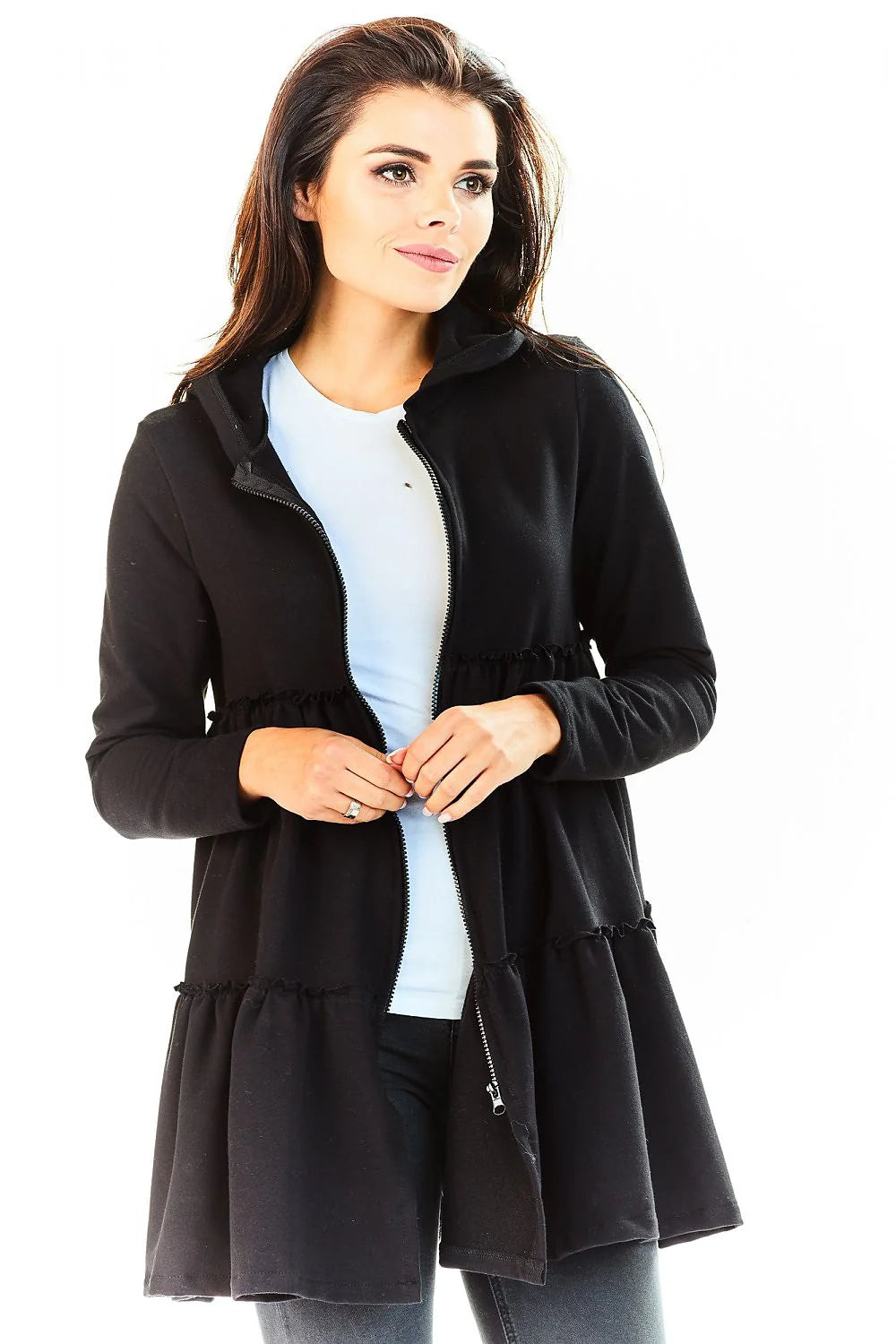 Veste Coton Ample Style Décontracté Confortable Capuche Fermeture Éclair Gris Clair Pour Femme Moderne