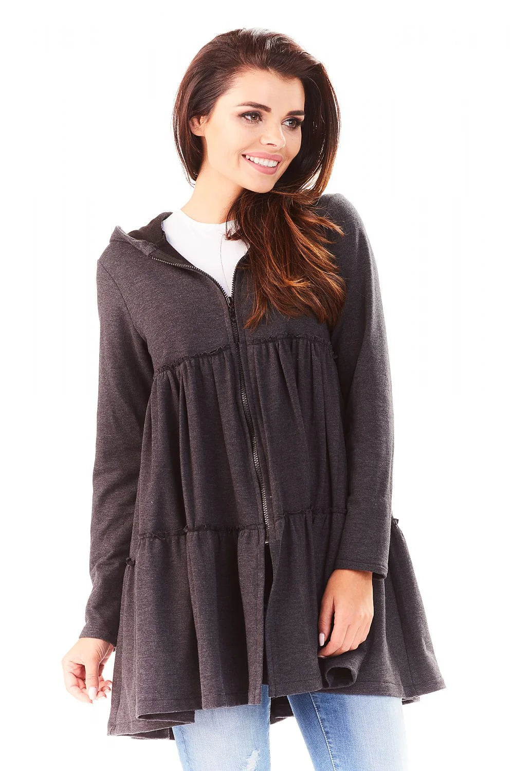 Veste Coton Ample Style Décontracté Confortable Capuche Fermeture Éclair Gris Clair Pour Femme Moderne