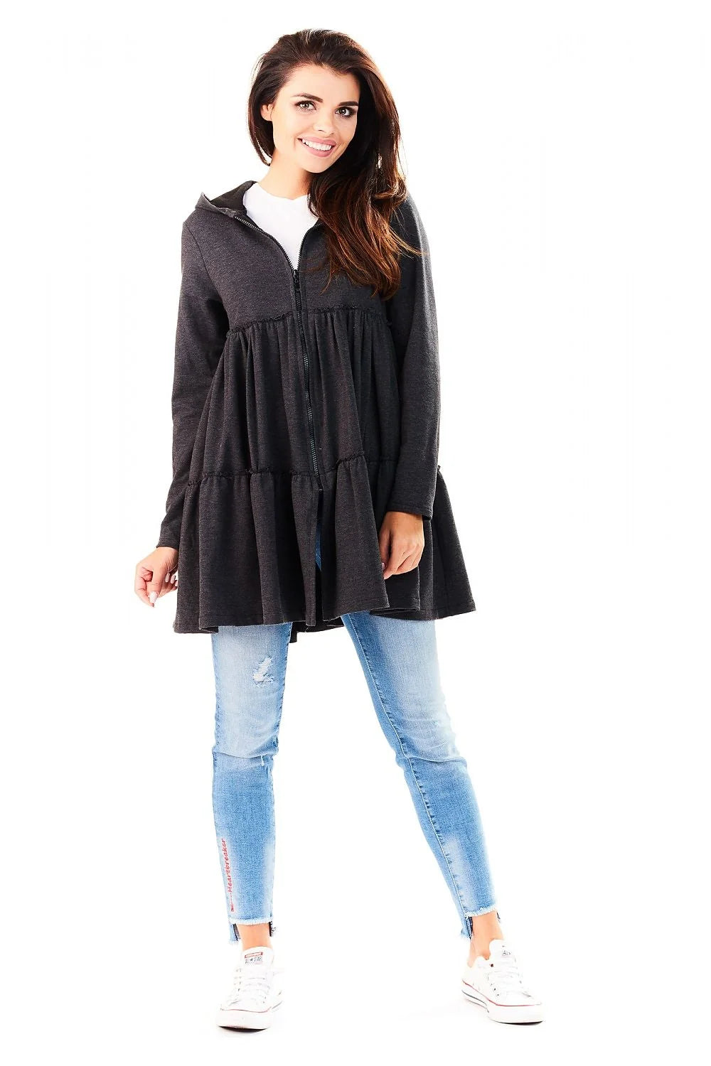 Veste Coton Ample Style Décontracté Confortable Capuche Fermeture Éclair Gris Clair Pour Femme Moderne