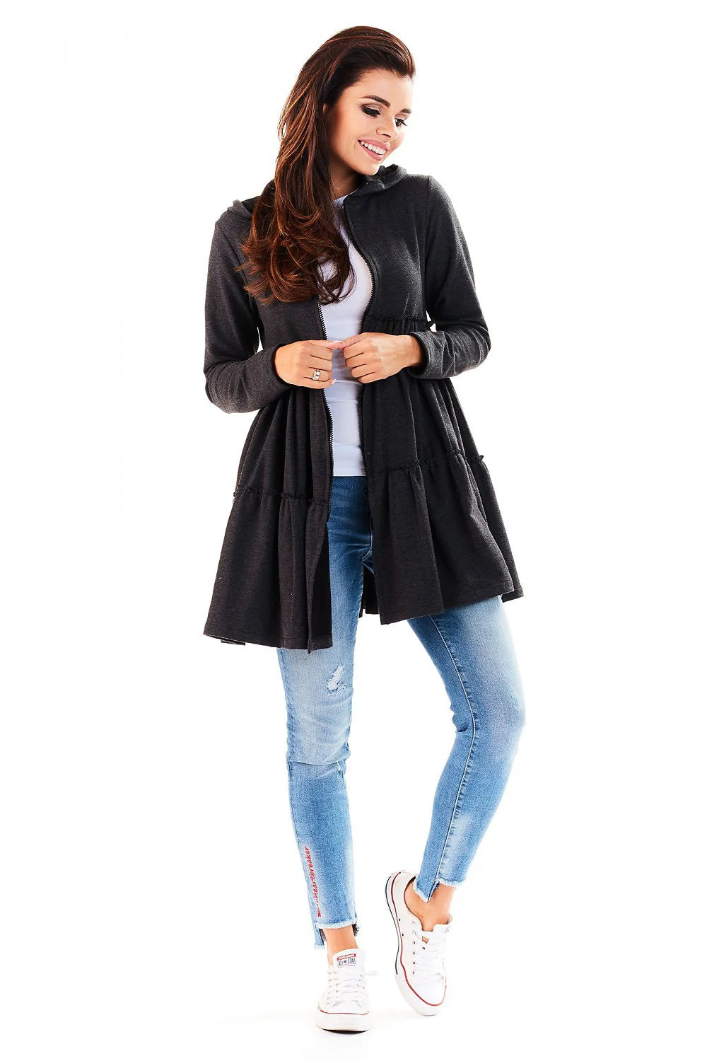 Veste Coton Ample Style Décontracté Confortable Capuche Fermeture Éclair Gris Clair Pour Femme Moderne