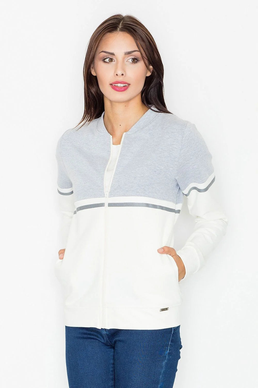 Veste en coton bicolore sportive gris clair et blanc avec fermeture éclair pour femmes actives