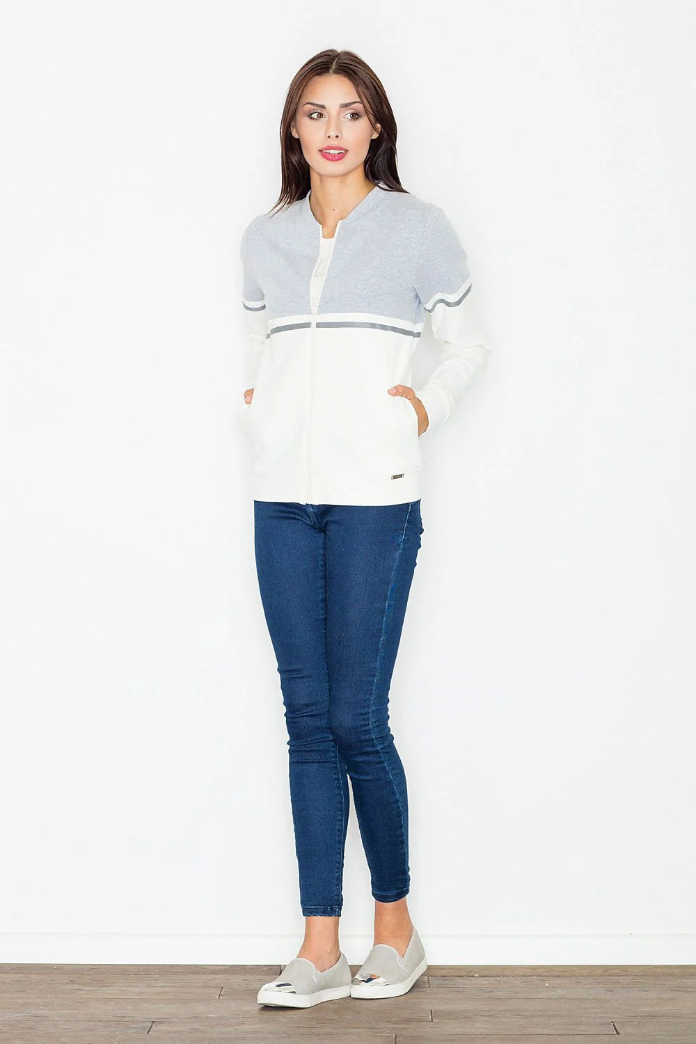Veste en coton bicolore sportive gris clair et blanc avec fermeture éclair pour femmes actives