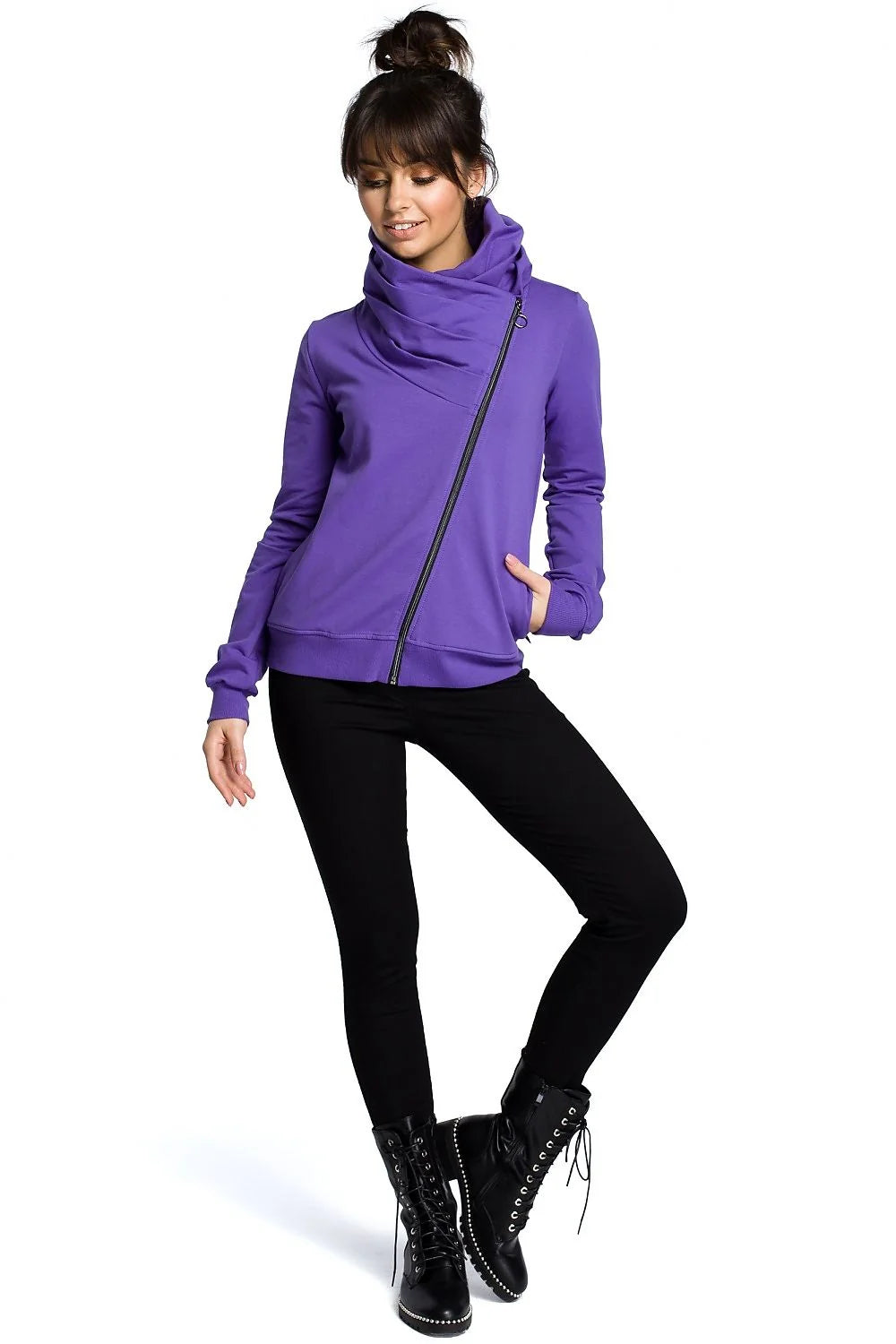 Veste en coton violet moderne confortable fermeture éclair diagonale col repliable pour femmes élégantes