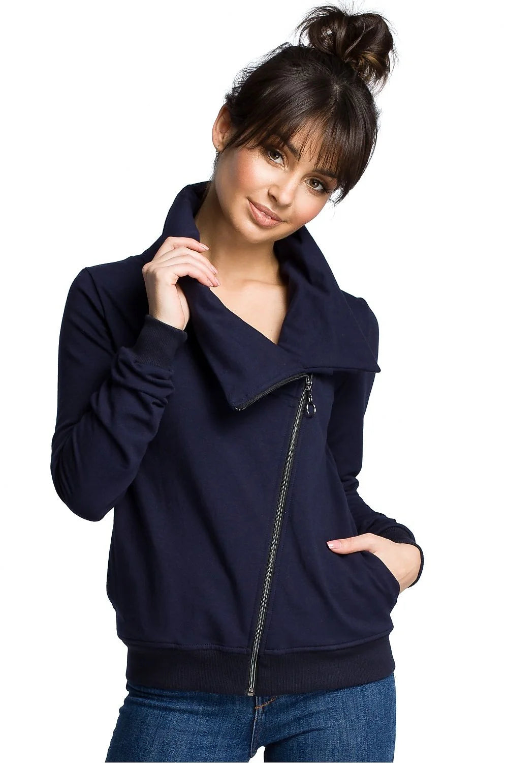 Veste en coton violet moderne confortable fermeture éclair diagonale col repliable pour femmes élégantes