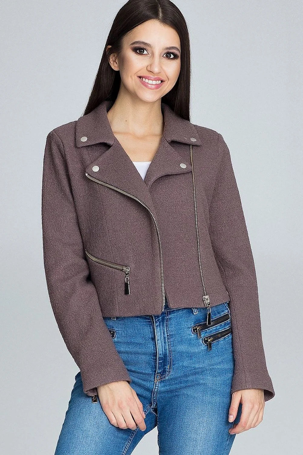 Veste femme laine texturée casual élégante avec fermeture éclair asymétrique boutons-pression pour look moderne