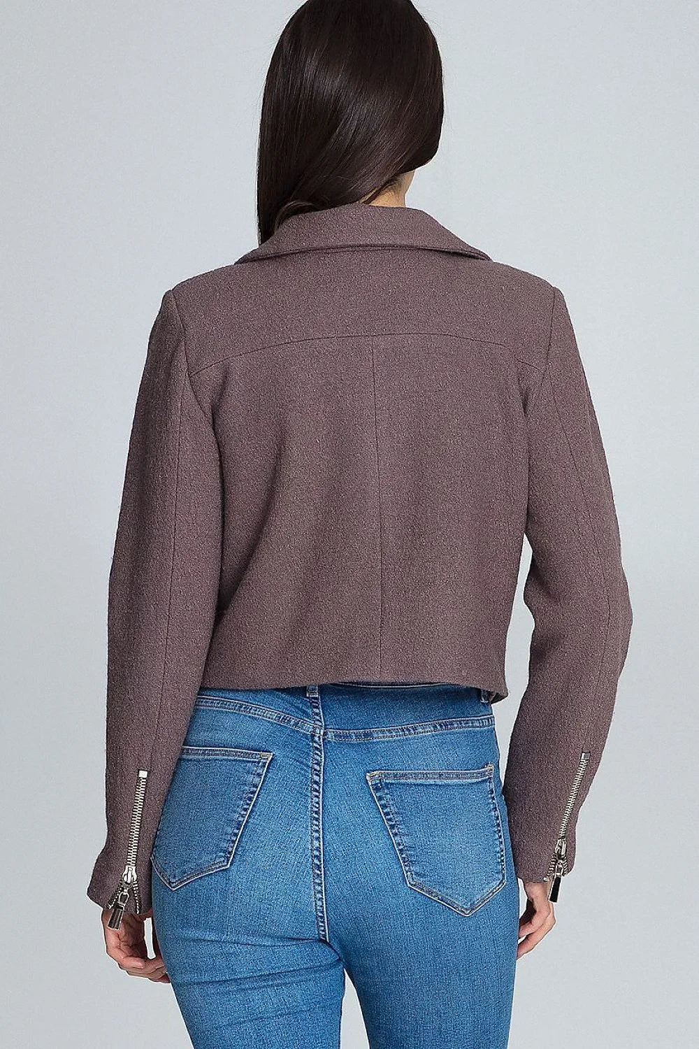Veste femme laine texturée casual élégante avec fermeture éclair asymétrique boutons-pression pour look moderne