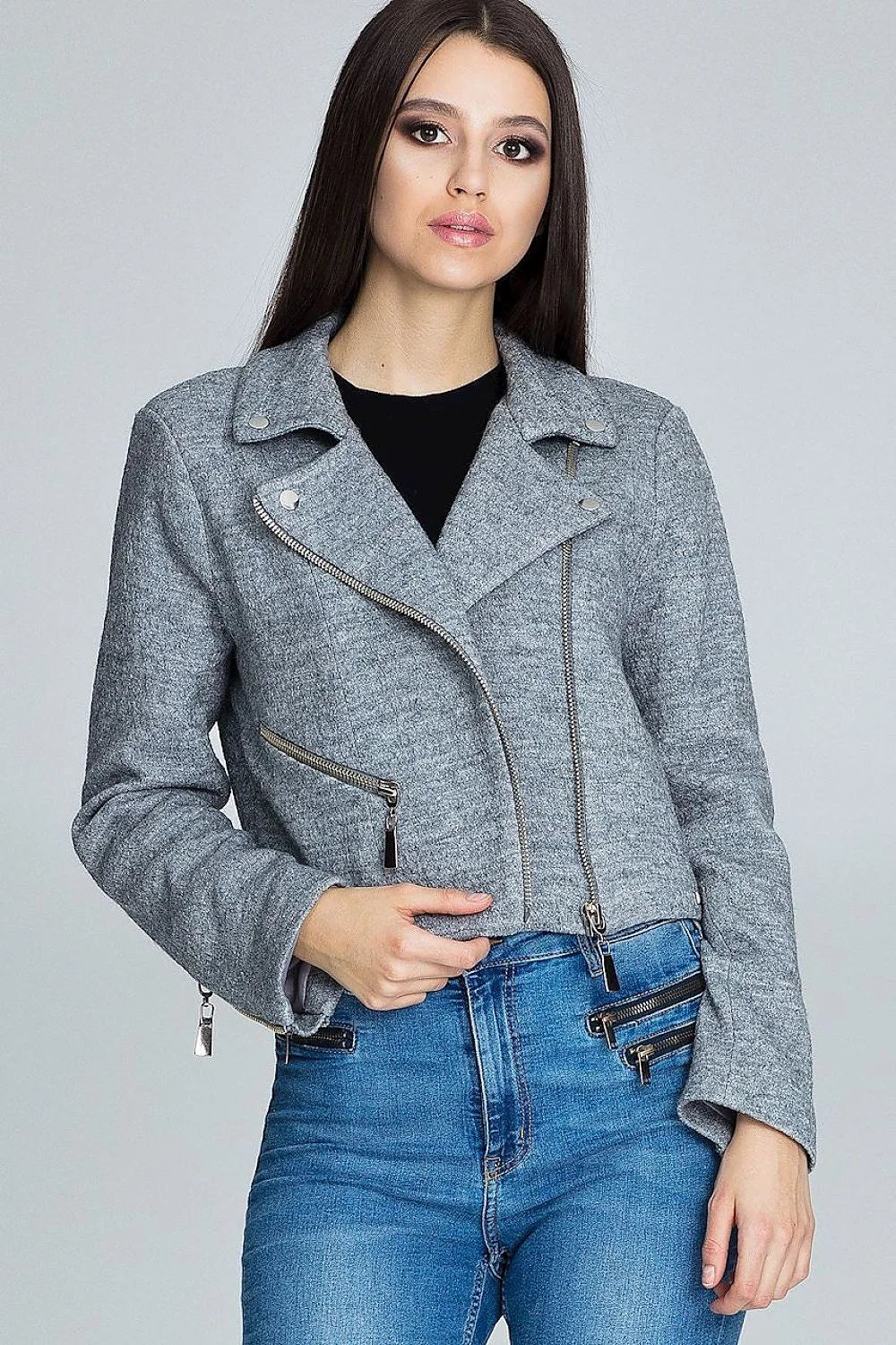 Veste femme laine texturée casual élégante avec fermeture éclair asymétrique boutons-pression pour look moderne