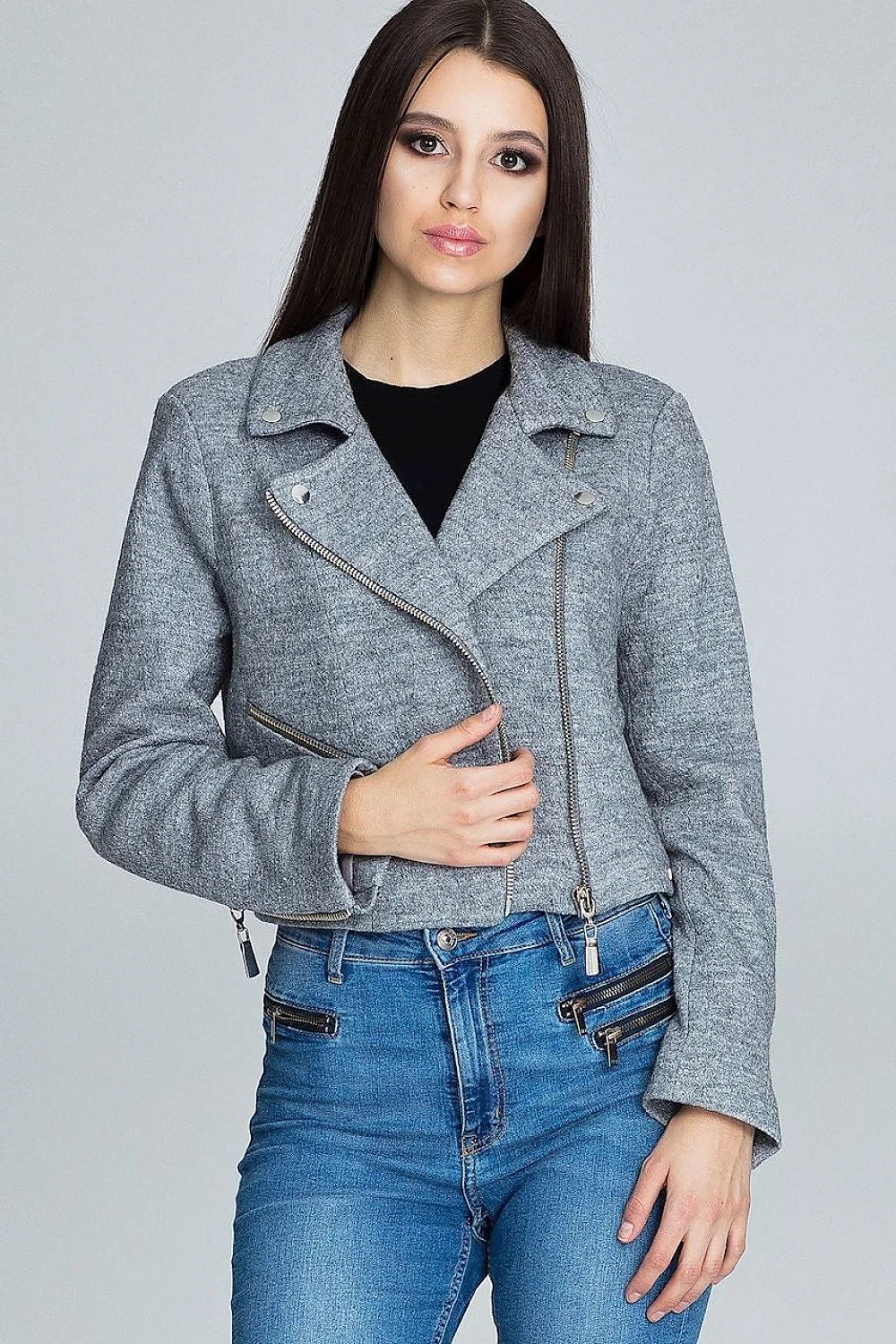 Veste femme laine texturée casual élégante avec fermeture éclair asymétrique boutons-pression pour look moderne