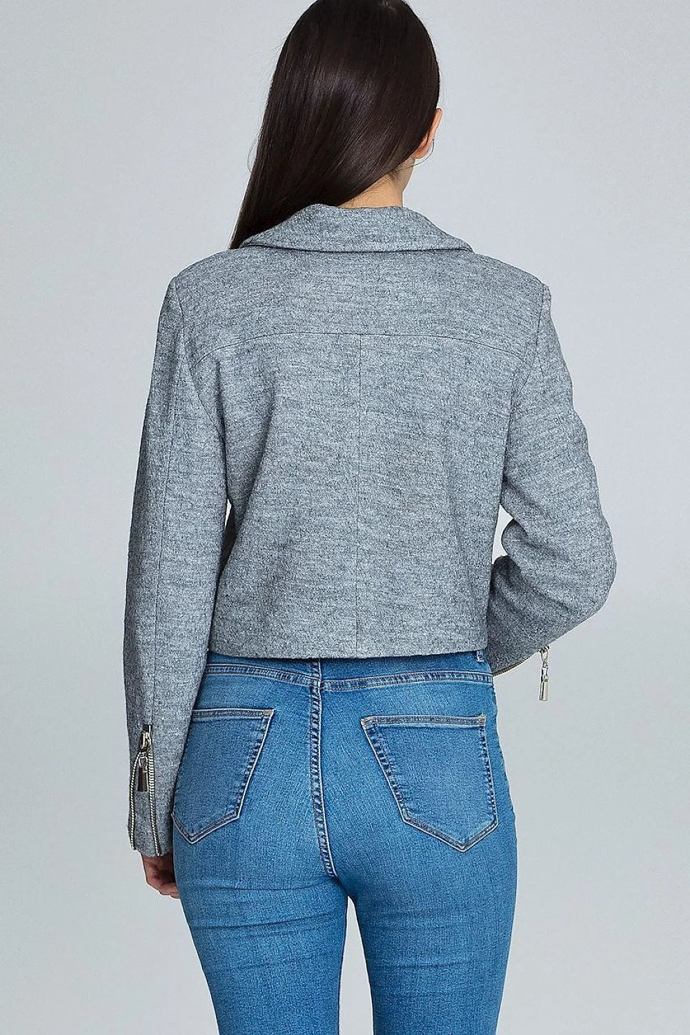 Veste femme laine texturée casual élégante avec fermeture éclair asymétrique boutons-pression pour look moderne